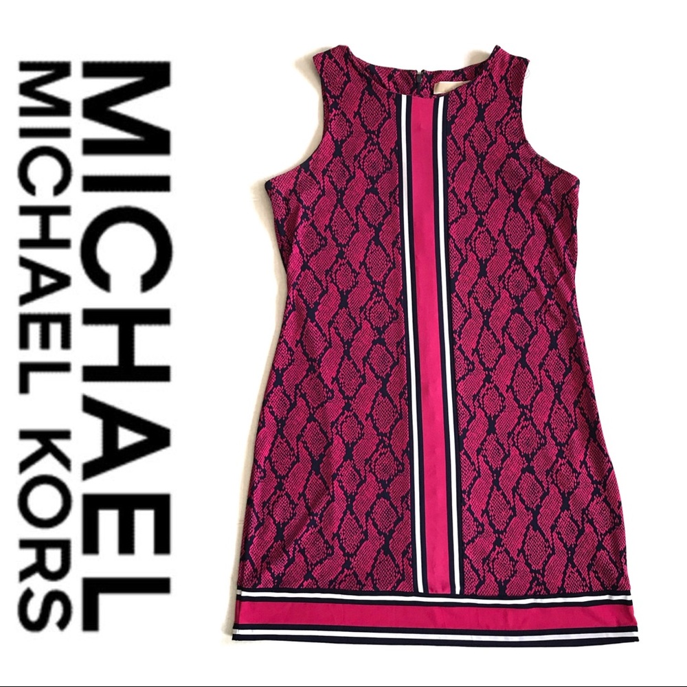Micahel Kors pink, navy python print shift dress L